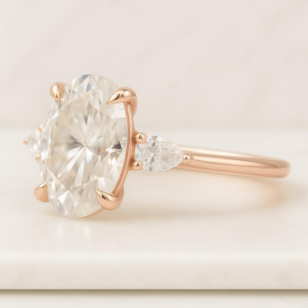Pear Side Stones Cathedral Ring Three Stone Oval Diamond Ring Real Lab Grown Diamond Engagement Ring