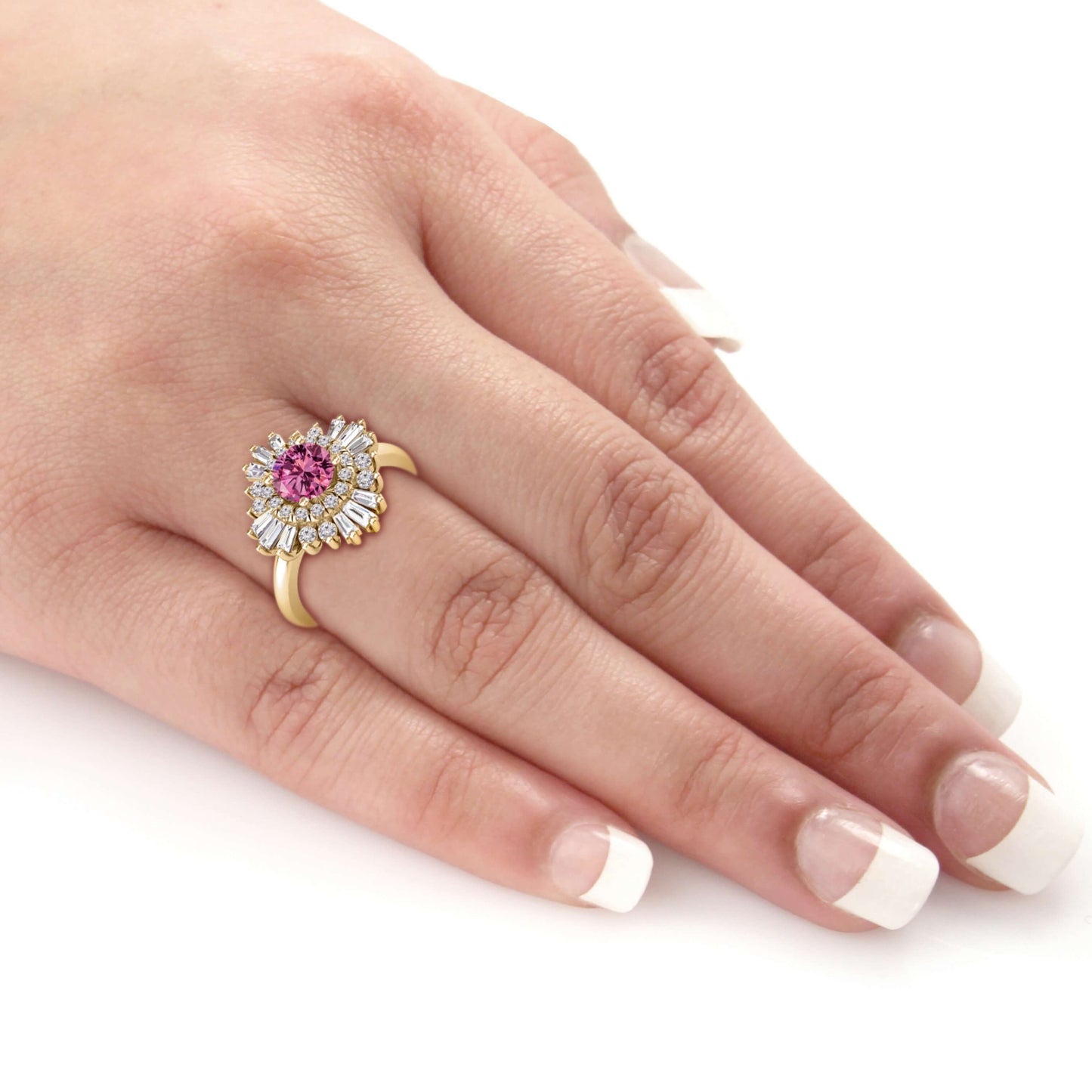 Pink Round Cut Hidden Halo Wedding Ring