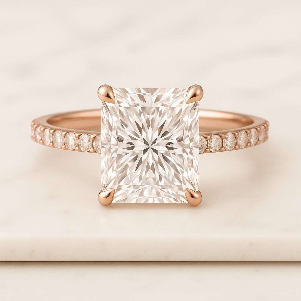 radiant cut lab grown diamond engagement ring hidden halo pave igi certified