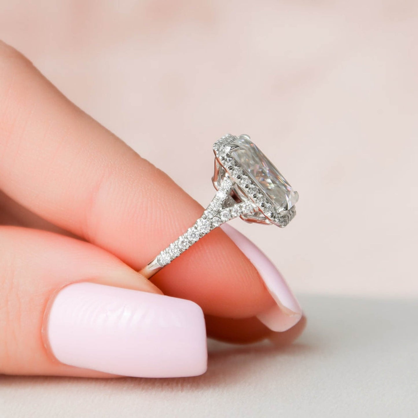 Radiant Moissanite Engagement Ring, Split Shank Halo Bridal Ring