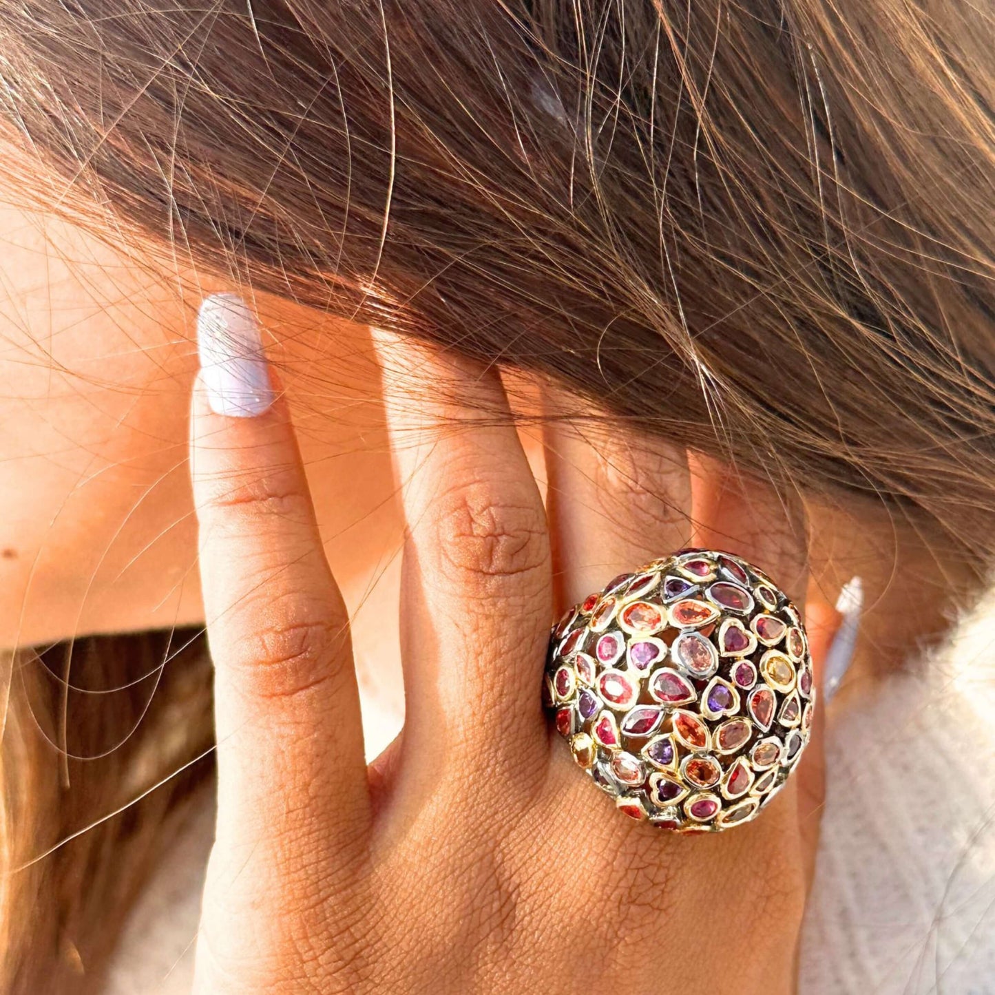 Rainbow Gem Ring, Multi Gem Gold Band Ring