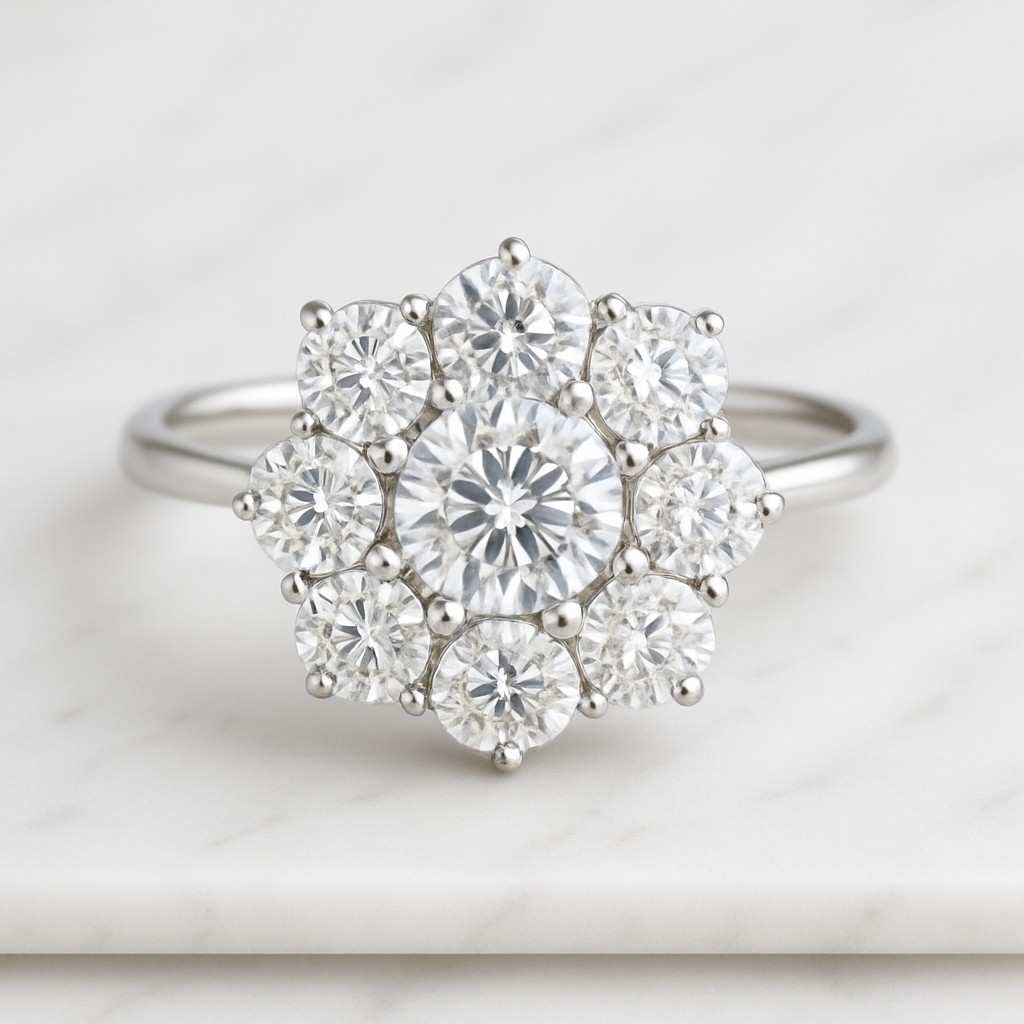 round cut natural diamond flower ring prong set yellow gold cluster diamond ring