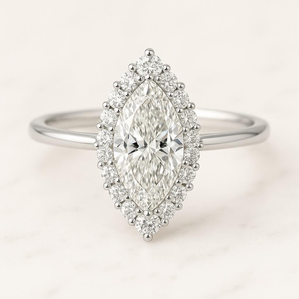 Round Lab Grown Diamond Halo Engagement Ring Lab Created Diamond Side Marquise Cut Diamond Wedding Ring for Her Gift Ring Hidden Halo Marquise Wedding Ring