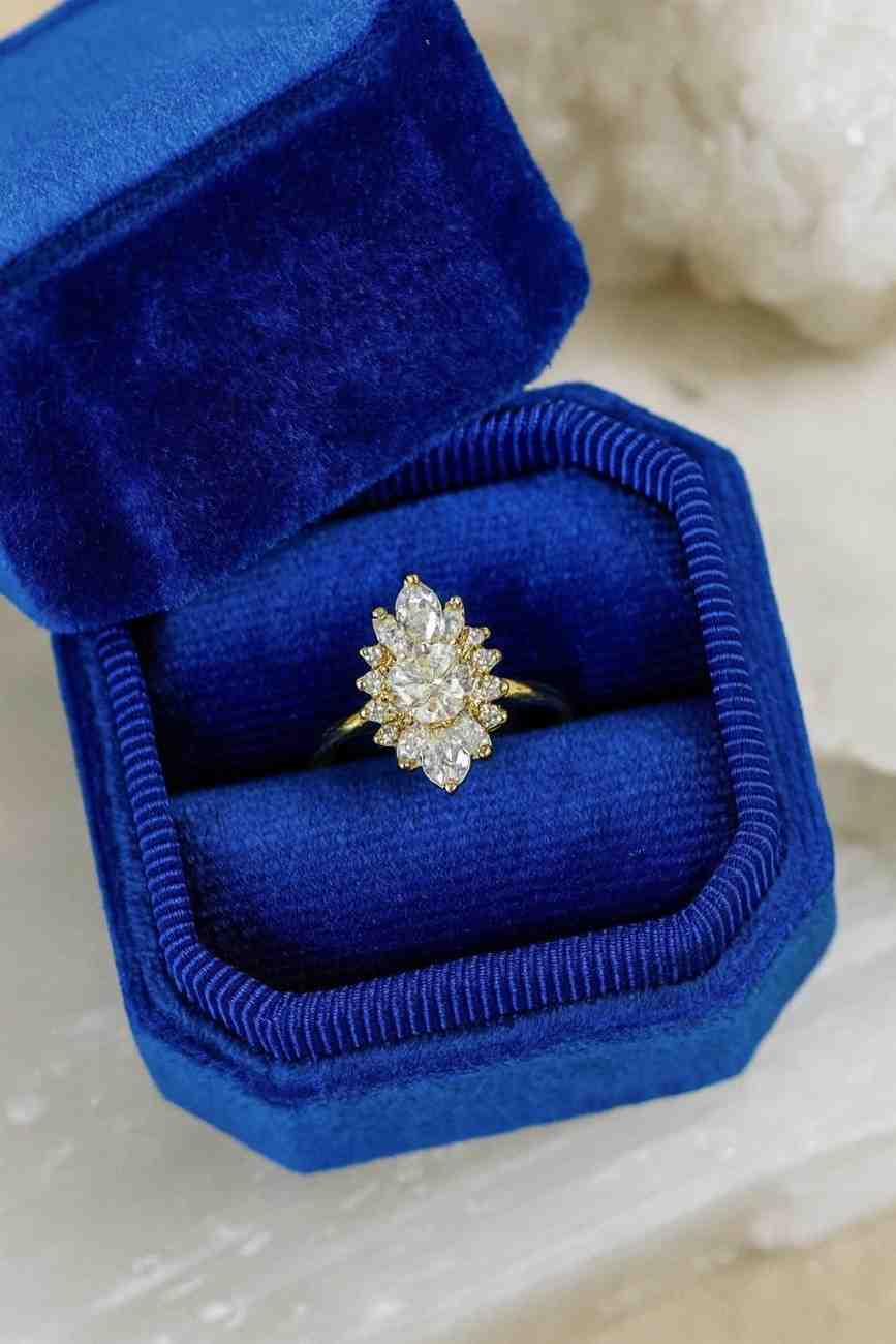 Round Old European Cut Moissanite Cluster Halo Engagement Ring Solid White Yellow Rose Gold Ring