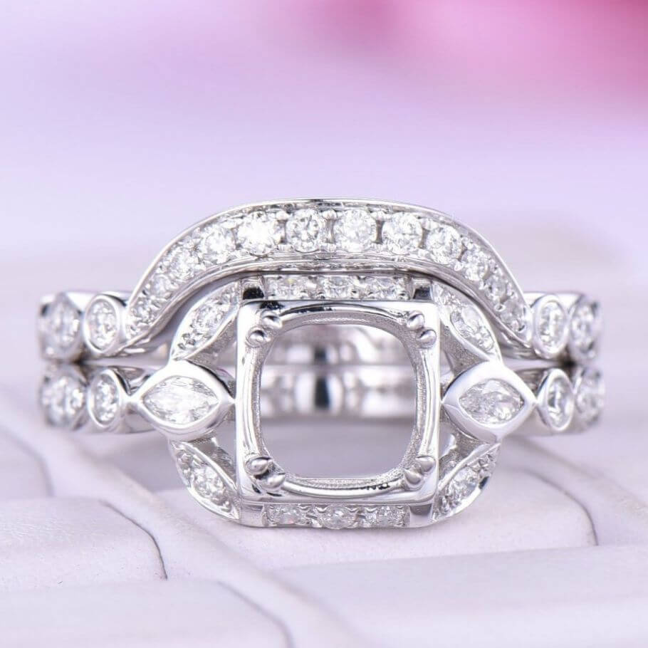 Semi-Mount in 14k Gold with Diamond Halo, Art Deco, Cushion Bridal Set