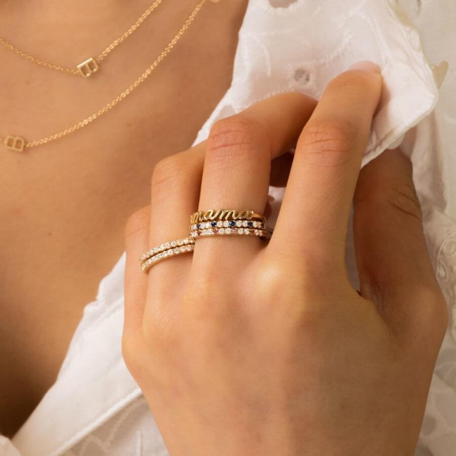 Shiny Cursive Mama Ring Real 14K Yellow Gold