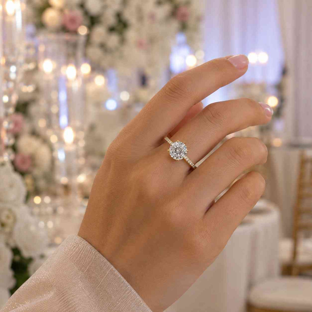 solid gold hidden halo round cut moissanite engagement ring, eternity promise ring