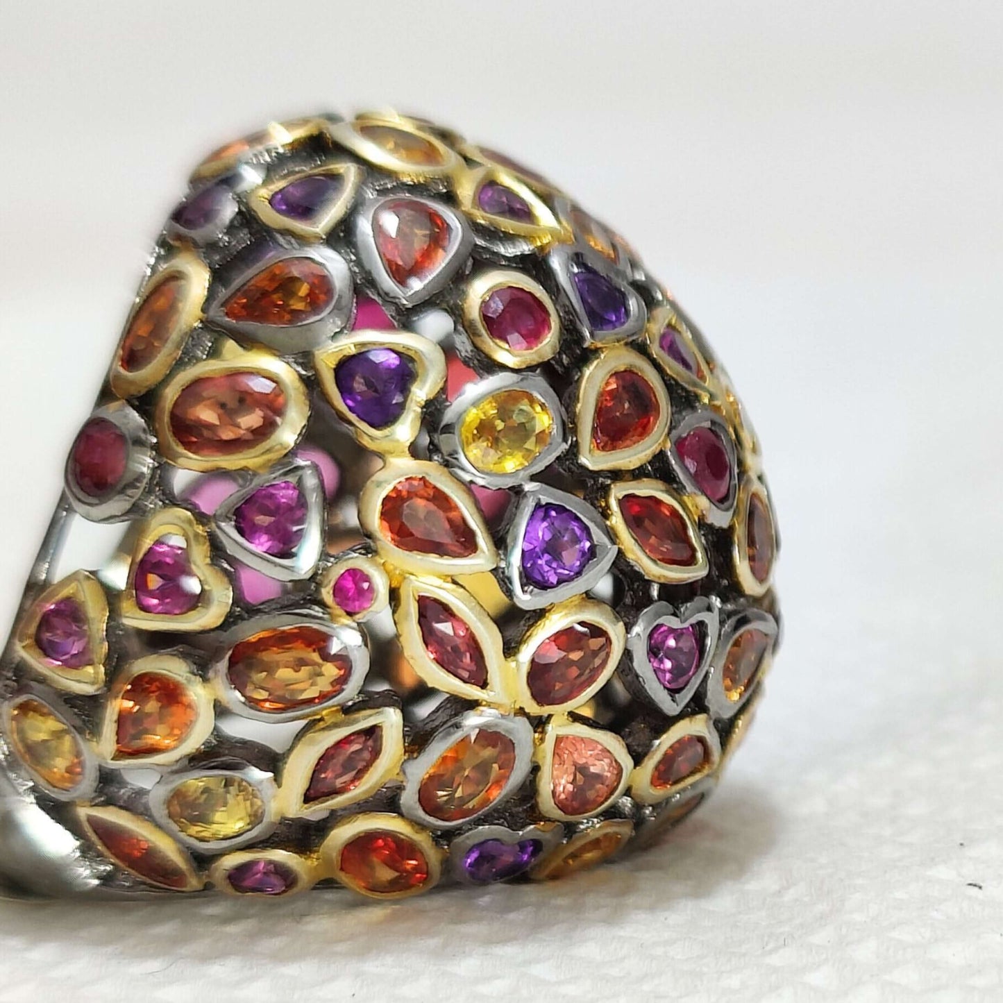Sterling Silver Rainbow Gem Band Ring, Multi Gem Dome Ring