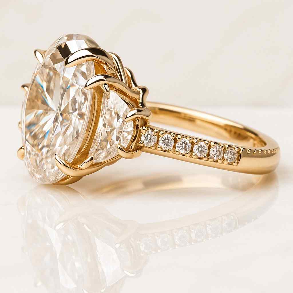 Three Stone Oval Cut Moissanite Engagement Ring Side Half Moon Ring Three Stone Bridal Promise Ring Oval Cut Halo Ring