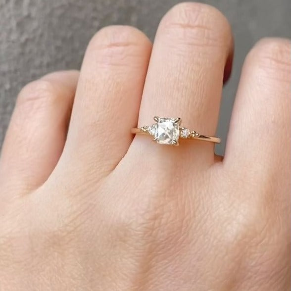 Three Stone Ring for Her, Cushion Cut Old Mine Moissanite Ring