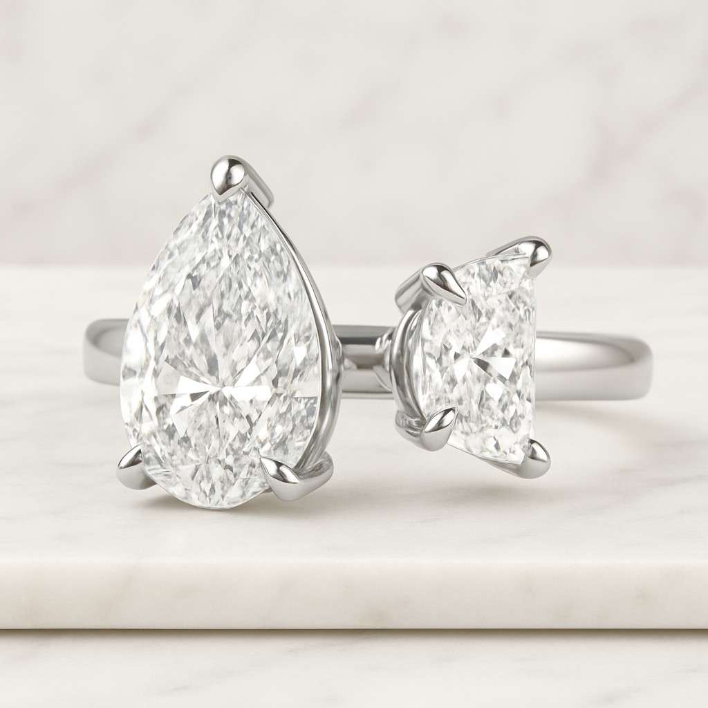 Toi Et Moi Moissanite Ring Pear And Half Moon Cut Two Stone Engagement Ring