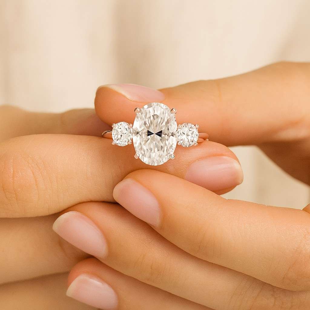 Trilogy Solitaire Ring for Anniversary Gift Three Stone Oval Engagement Ring Oval Engagement Ring With Pear Side Stones 14K Gold Plated Ring