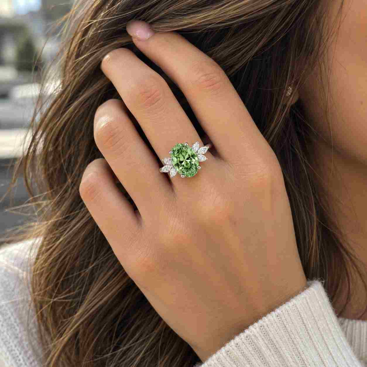 vintage lab grown diamond engagement ring, oval cut diamond ring, 14k gold floral ring, nature inspired wedding ring, diamond ring for her.