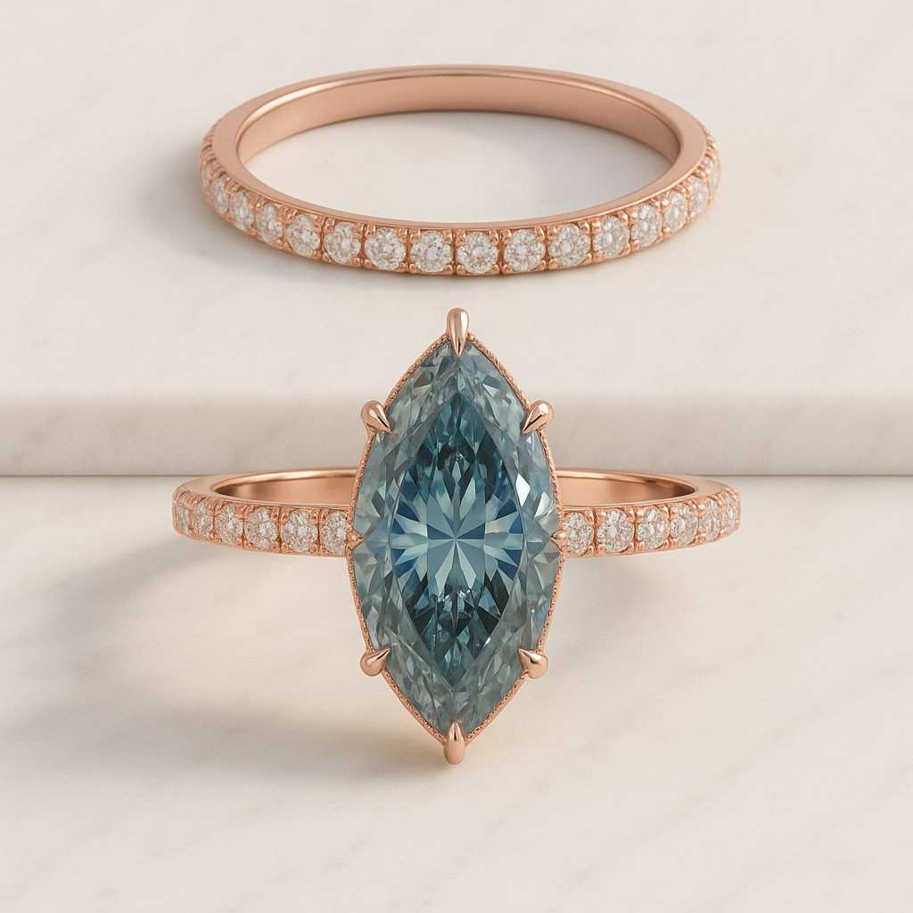 Vivid Blue Marquise Lab Diamond Ring Halo Engagement Ring Gold Platinum or Silver