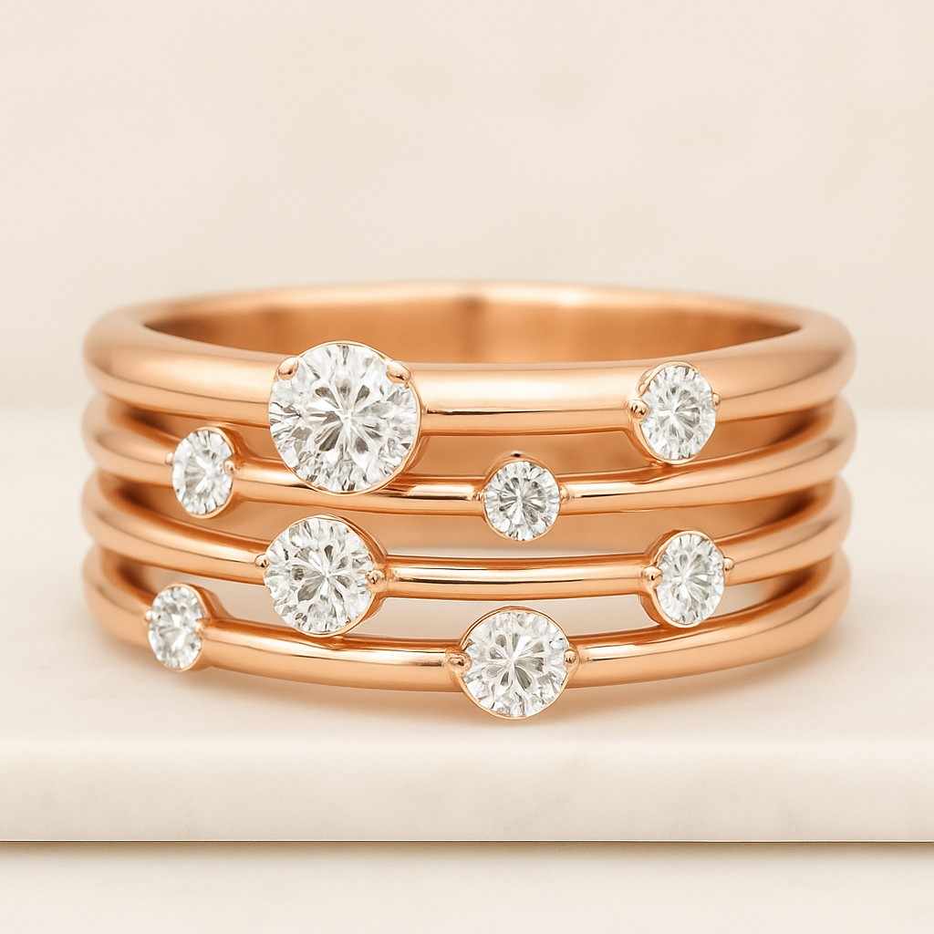 Wedding Band 14K Gold Scattered Lab Diamond Ring for Women Dainty 3.8mm Wide Round Dome Ring Anniversary Gift