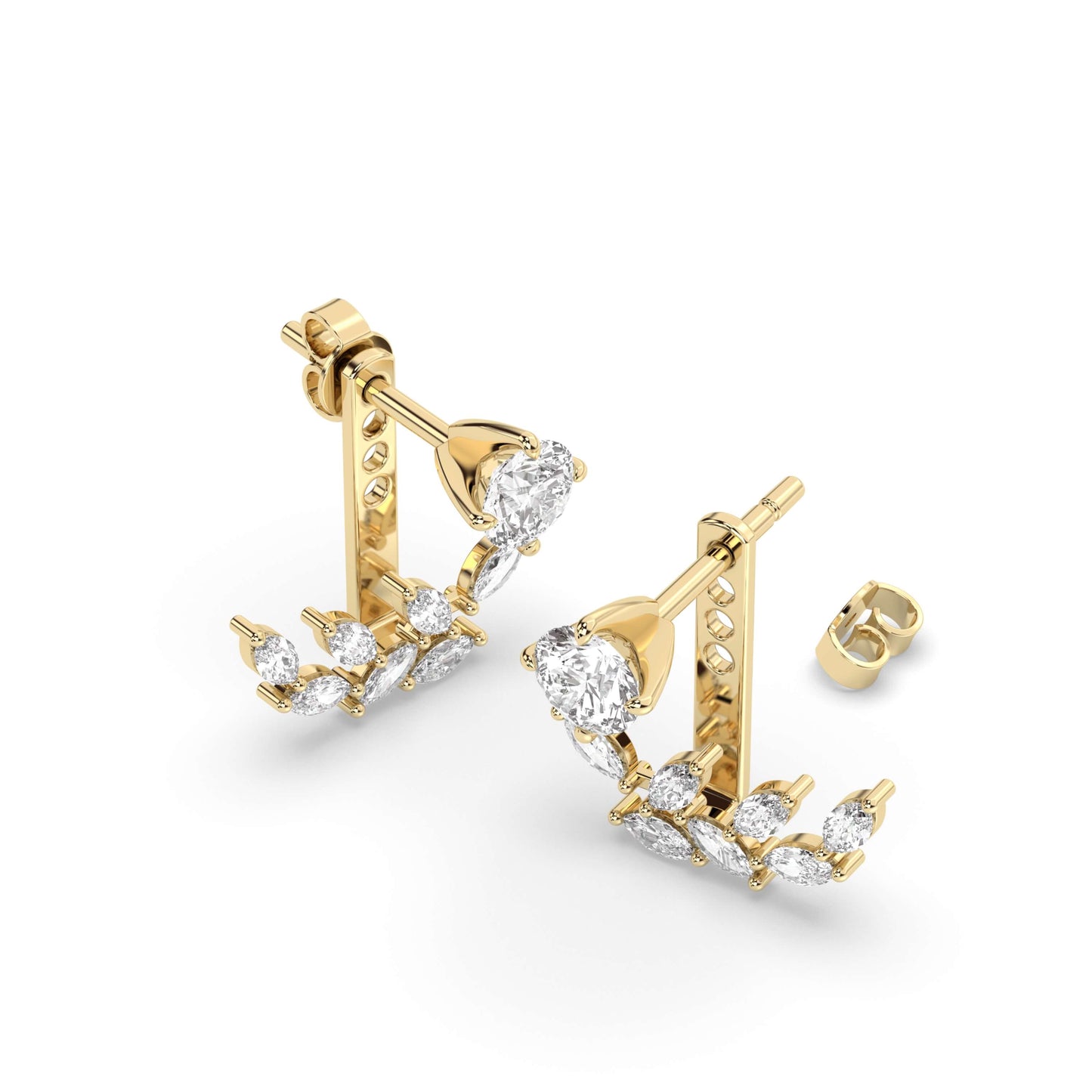 Yellow Gold Leaf Front Back Ear Jacket Earrings