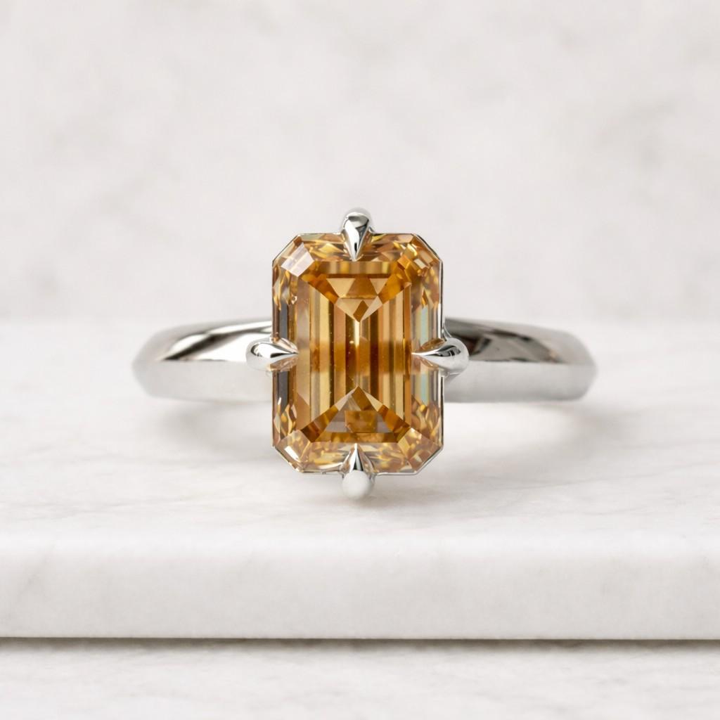 5 carat emerald cut moissanite diamond engagement ring, cigar band ring, solid gold thick band solitaire ring, minimalist ring gift for her