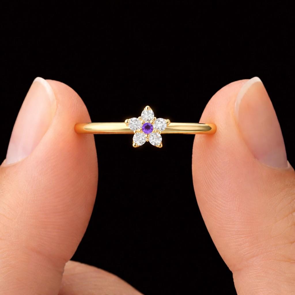 round amethyst thin moissanite ring 14k solid gold band, birthstone diamond halo wedding jewelry ring, lavender purple ring gift