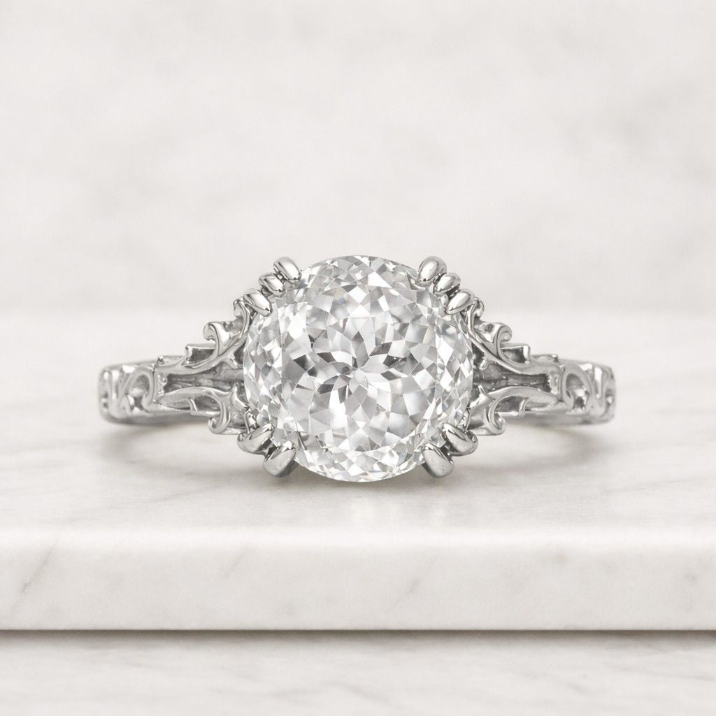 vintage round cut diamond engagement ring, antique style round diamond ring, unique gold bridal ring, victorian inspired promise ring