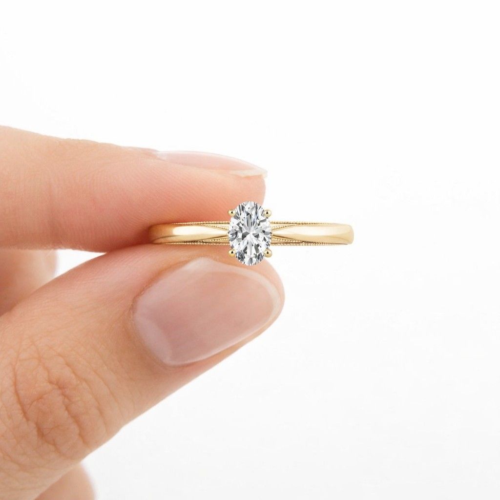 antique solitaire unique bridal ring, oval cut lab grown diamond engagement ring, vintage engraved 14k gold ring, pinch shank wedding ring