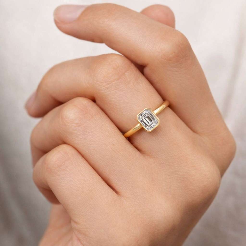 elegant emerald cut diamond bezel engagement ring | modern solitaire rose gold wedding band | unique anniversary gift