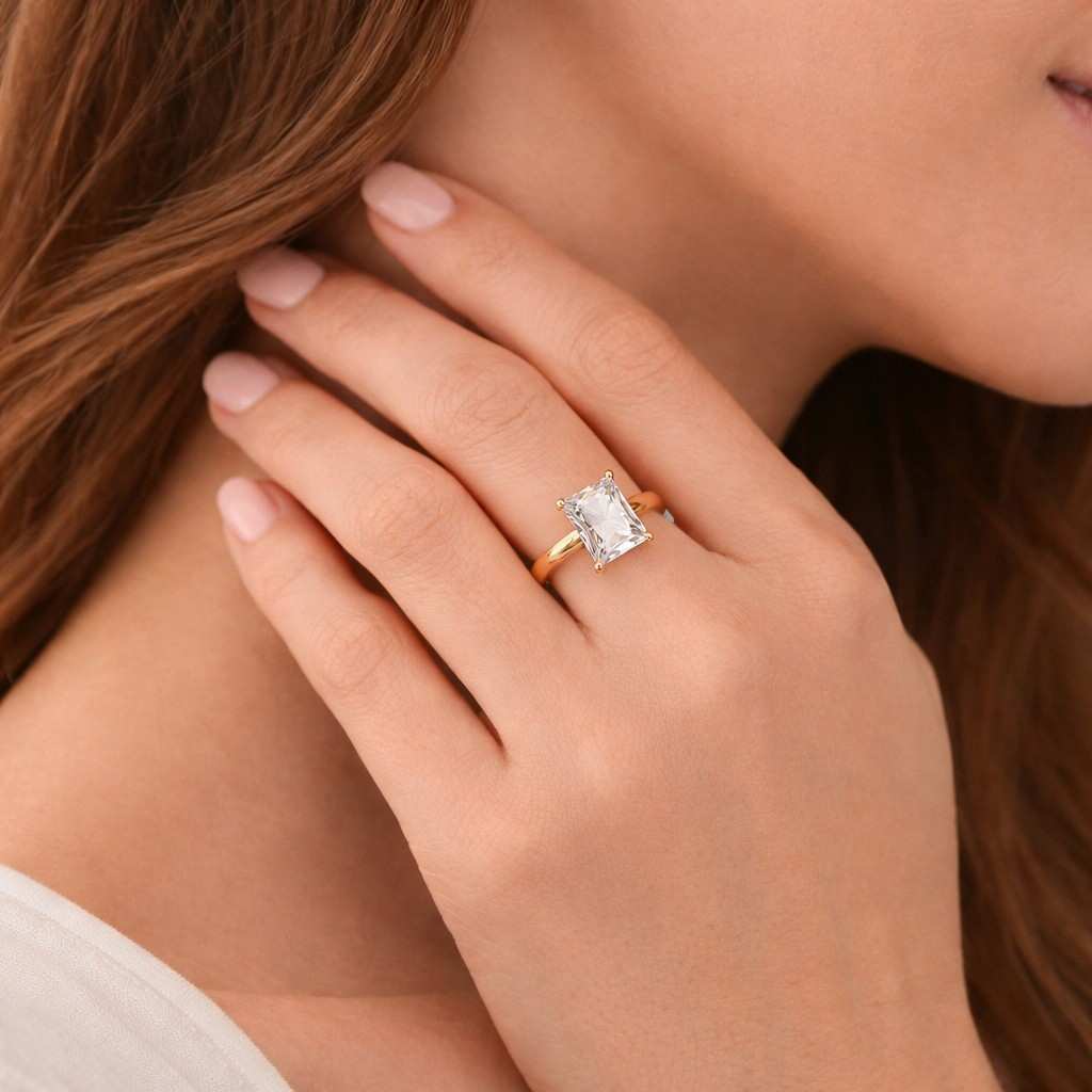 radiant cut moissanite engagement ring, 14k yellow gold solitaire ring, minimalist promise ring, anniversary gift for her