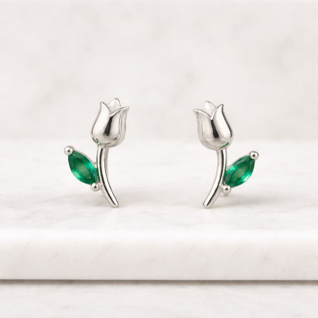 green emerald gold stud earrings marquise shape floral tulip design minimalist jewelry for women small dainty earrings everyday wear fine gold jewelry