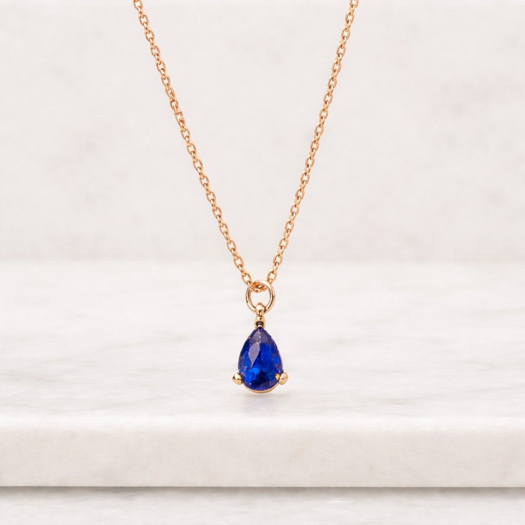 14k gold sapphire necklace, september birthstone, pear cut blue gemstone necklace, minimalist teardrop sapphire charm, birthstone necklace
