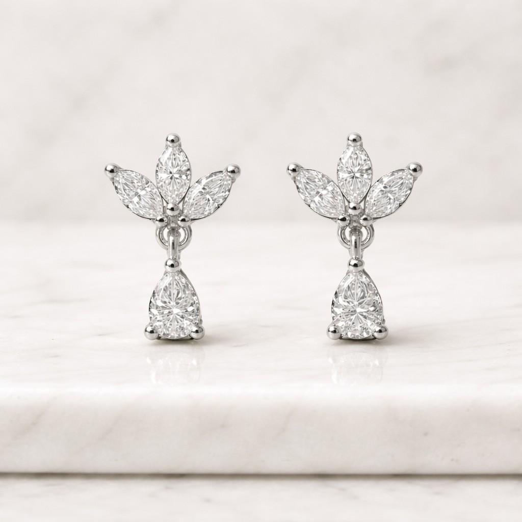 pear & marquise cut moissanite drop earrings floral bridal earrings dainty wedding jewelry white gold earrings luxury gift for her