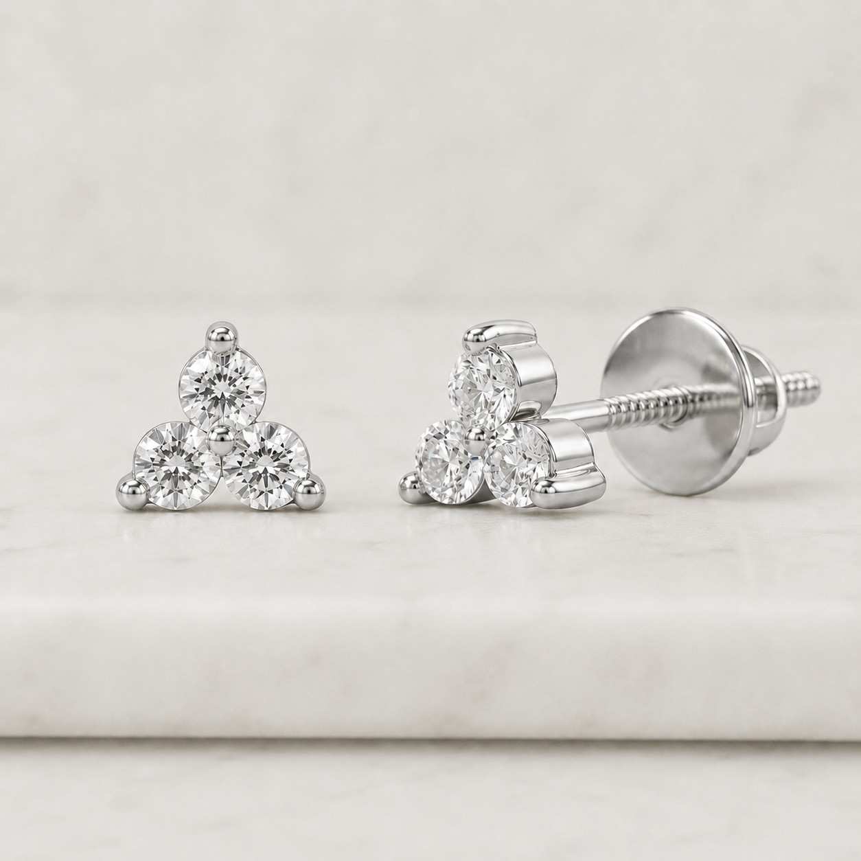 3 stone diamond earrings, 14k gold 0.24 ct lab grown diamond earrings, trio diamond studs, tests as diamond