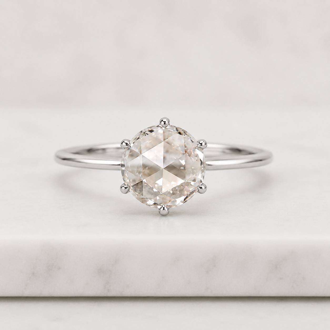 rose cut diamond engagement ring for women, 1.20 ct round rose cut lab grown diamond ring, solitaire ring, vintage style open gallery ring