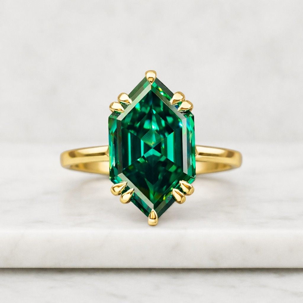 hexagon cut lab emerald ring, 14k yellow gold solitaire promise ring