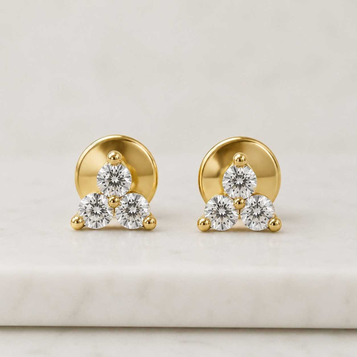 14k gold diamond trio stud earrings / round cut diamond studs / three stone cluster earrings / everyday jewelry / gift for her
