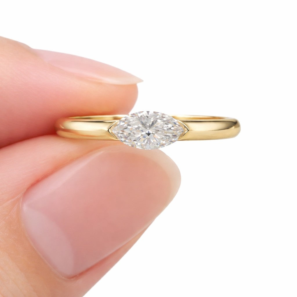 0.5 carat east west marquise cut solitaire ring - available 14k-18k gold, silver, or moissanite/modern minimalist half-bezel engagement ring