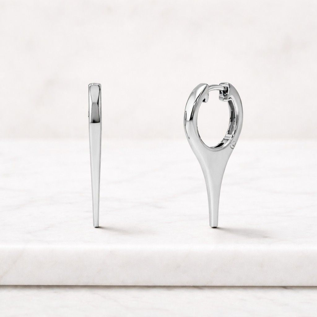 14k solid gold spike drop hoop earrings, diamond cz huggies