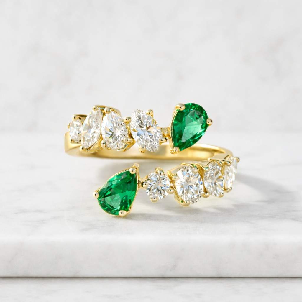 two stone real emerald ring, pear cut, 18k gold and diamond adjustable ring