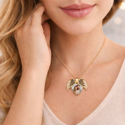 Heart Locket Necklace – 14K Gold & Rose Gold-Plated with Crystals –Angel Wing Custom Engraved Photo Pendant – Memorial Jewelry Gift for Her
