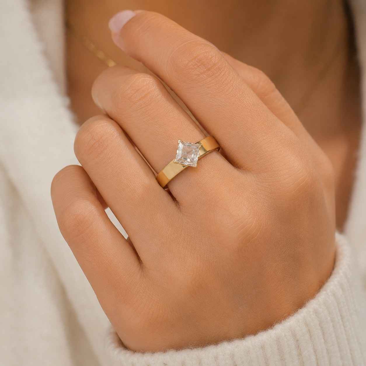 0.50 carat kite cut lab grown diamond curved ring, 14k white gold solitaire ring, claw prong set cvd diamond ring