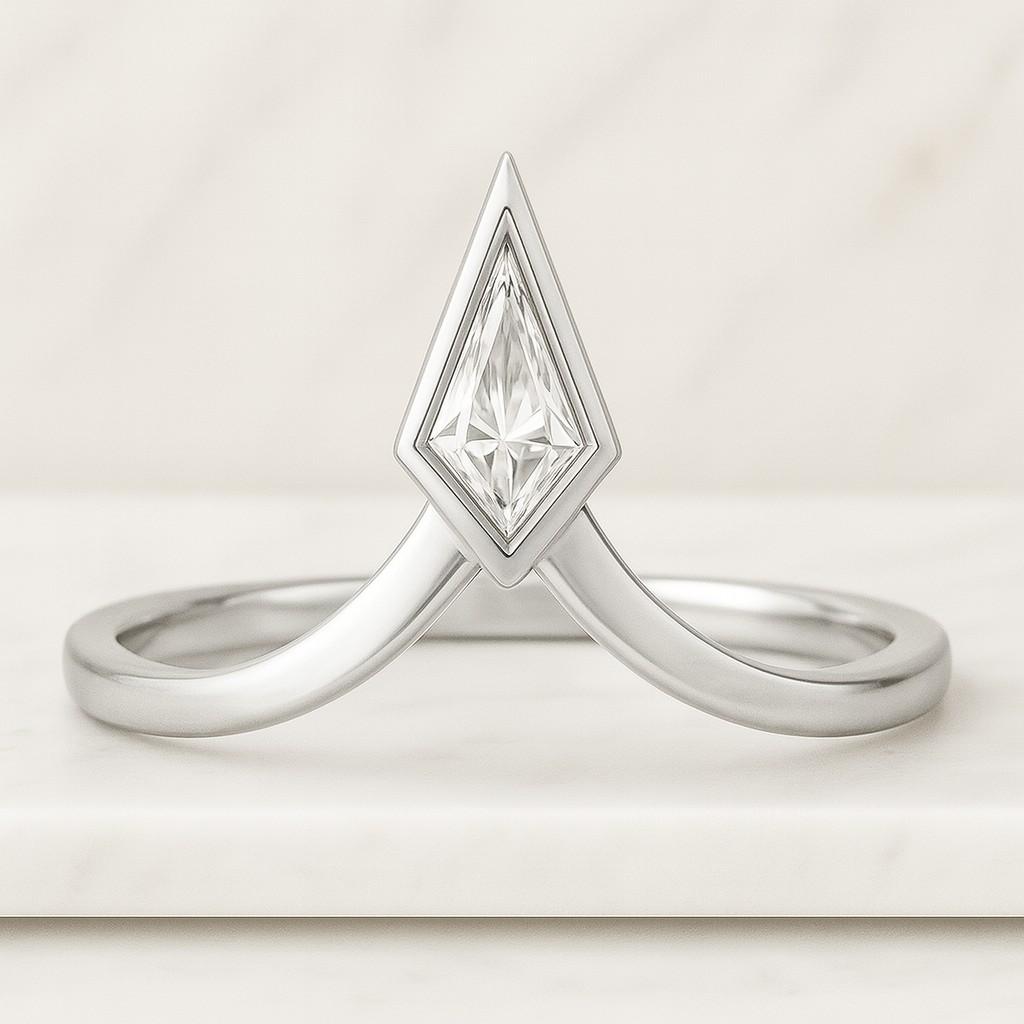 0.50 carat kite cut lab grown diamond curved ring, 14k white gold solitaire ring, claw prong set cvd diamond ring, wedding ring gift for her