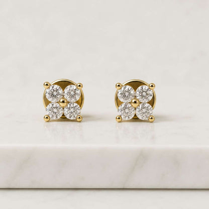 Criss Cross Stud Earrings: Fancy Earrings For Her, Round Cut Moissanite 4 Stone Earrings, 14K Solid Gold Cluster Set Push Back Earrings
