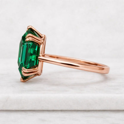 Green Hexagon Cut Emerald Bridal Ring, Split Shank Gold Ring, 14K Solid Yellow Gold Anniversary Ring, Bezel Setting Elegant Wedding Ring.