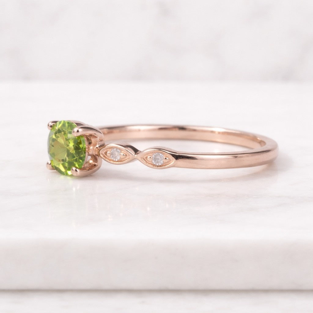 14k gold round peridot and diamond ring, august birthstone ring, dainty green gemstone ring, minimalist promise ring, gift for her