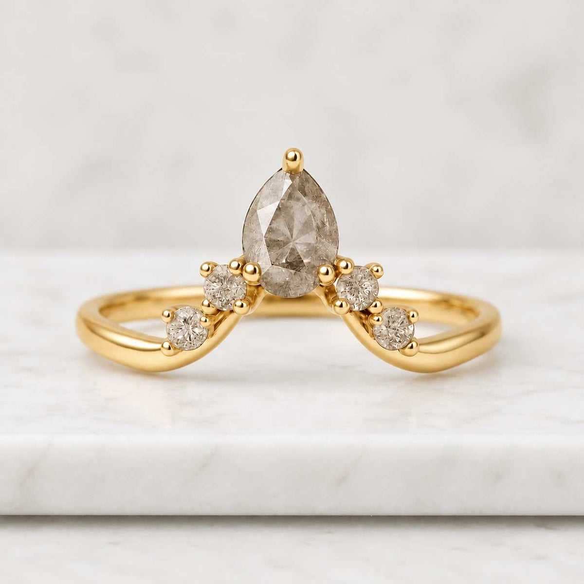 0.65 CT Pear Lab Grown Diamond Curved V Wedding Band, Tiara Chevron Nesting Ring, 14K Yellow Gold Pave Contour Band