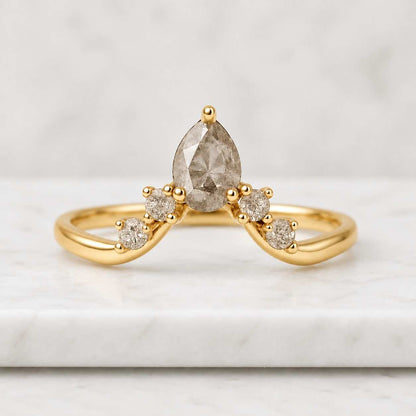0.65 CT Pear Lab Grown Diamond Curved V Wedding Band, Tiara Chevron Nesting Ring, 14K Yellow Gold Pave Contour Band
