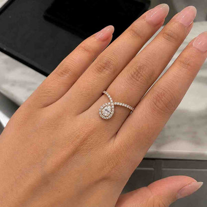 0.75 CT Pear Cut Moissanite Halo Engagement Ring, 14K Solid Gold Halo Pear Diamond Ring, Pear Halo Split Shank Silver Art Deco Ring