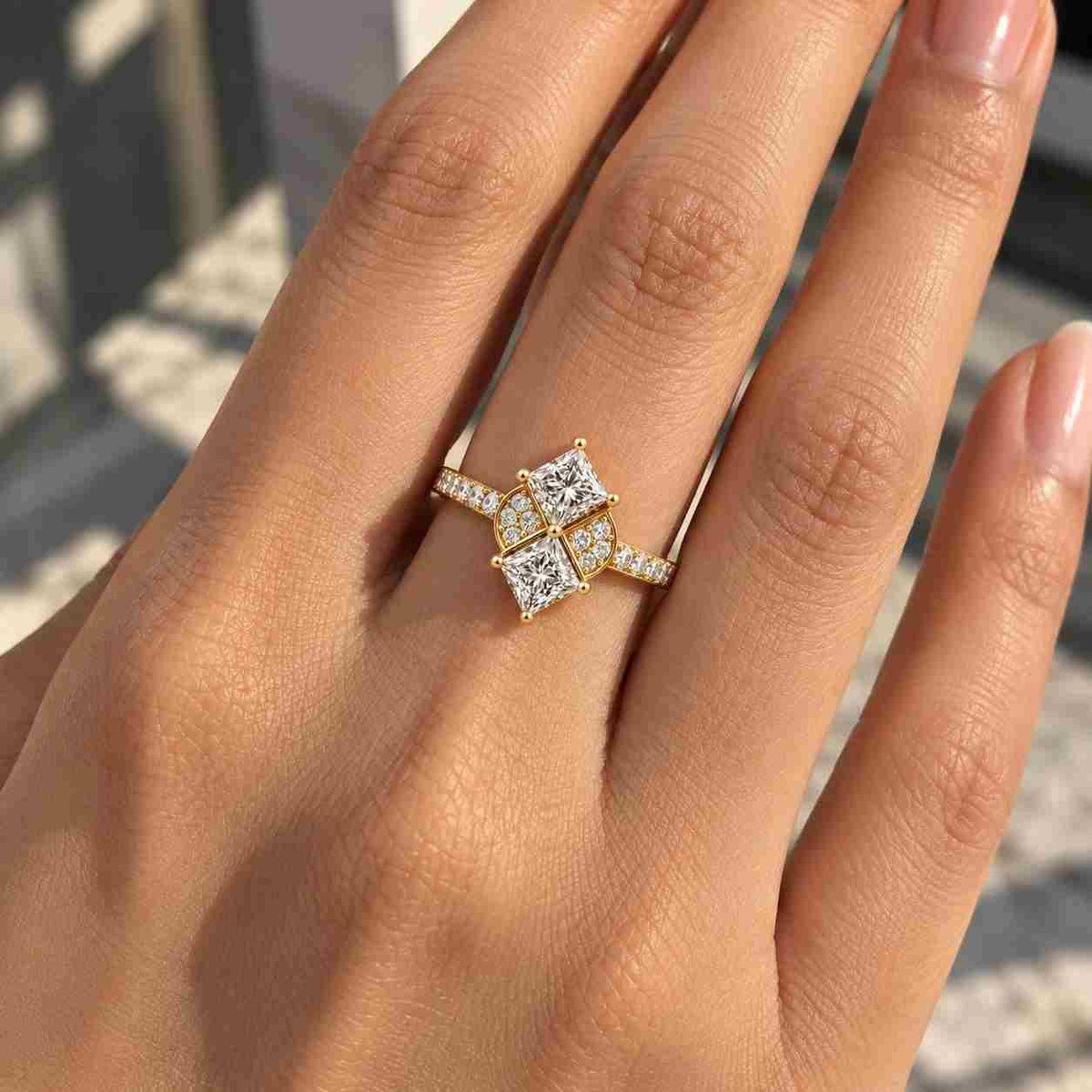 1-2ct princess cut lab grown diamond 14k yellow gold engagement ring | unique starburst diamond cluster promise ring | wedding ring for her
