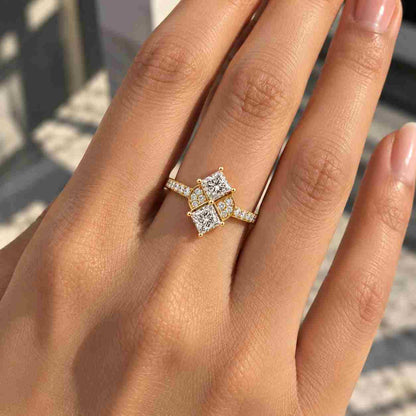 1-2ct Princess cut Lab Grown Diamond 14K Yellow Gold Engagement Ring | Unique Starburst Diamond Cluster Promise Ring | Wedding Ring for Her
