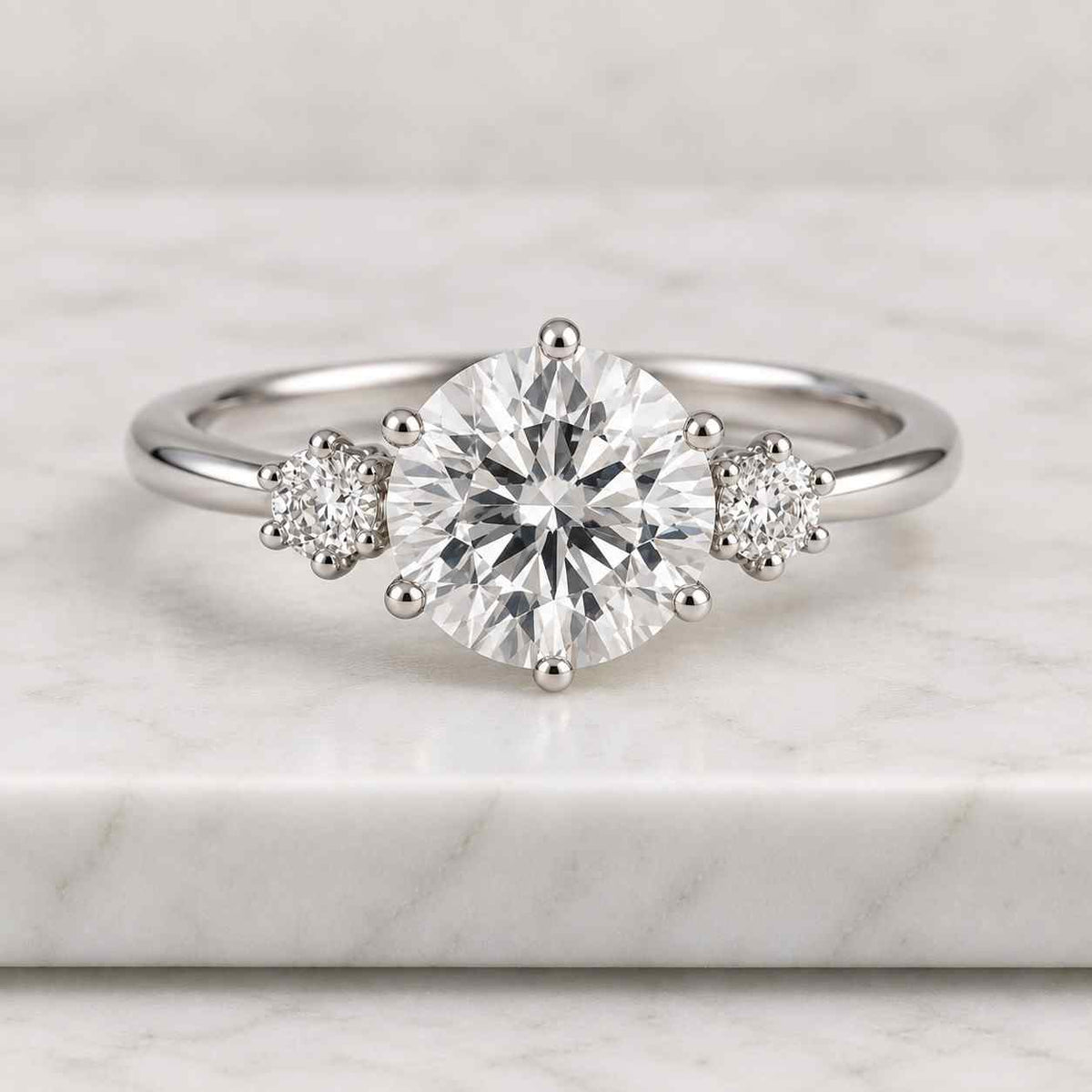 1.00 ct lab grown diamond three-stone engagement ring, 14k gold, round brilliant cut