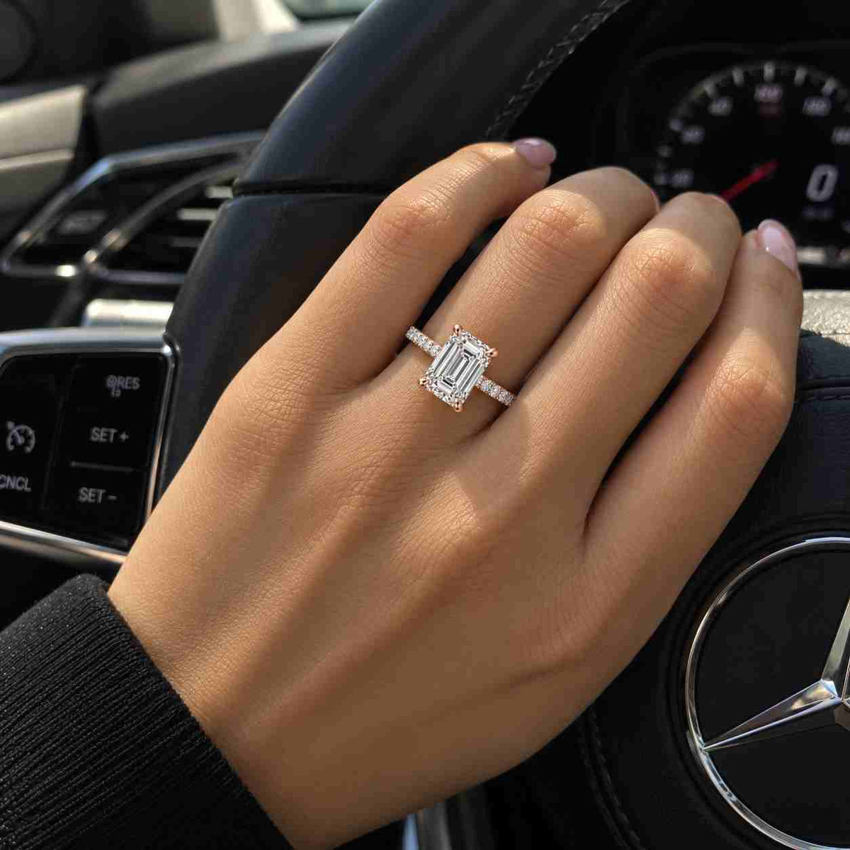 1.0 ct emerald cut moissanite engagement ring: 14k solid gold three-stone wedding ring, ring for women, statement ring, anniversary gifts.
