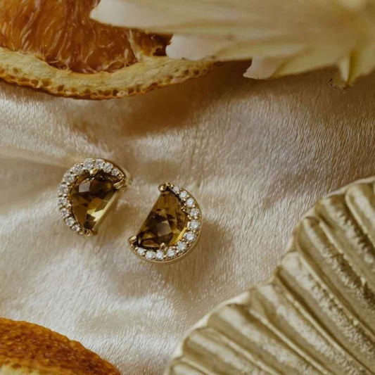 1.12 CT Brown Colored Moon Cut Half Halo Stud Earrings